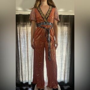 Anthropologie Shimmering Orange Jumpsuit with Navy Details